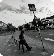 Black-and-white urban street scene