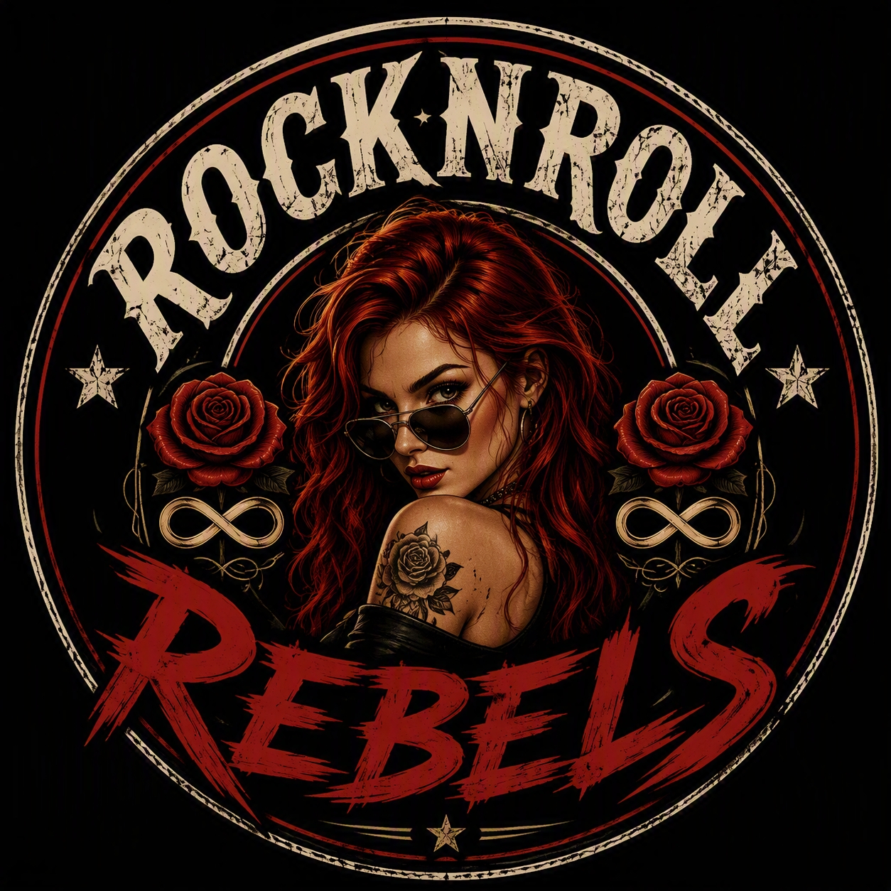 RocknRollRebels emblem with roses and infinity symbols